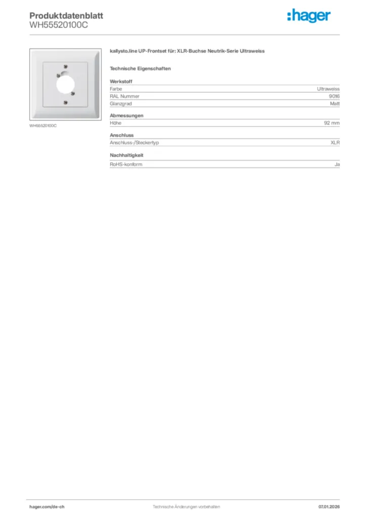 Bild Hager Produktdatenblatt WH55520100C | Hager Schweiz