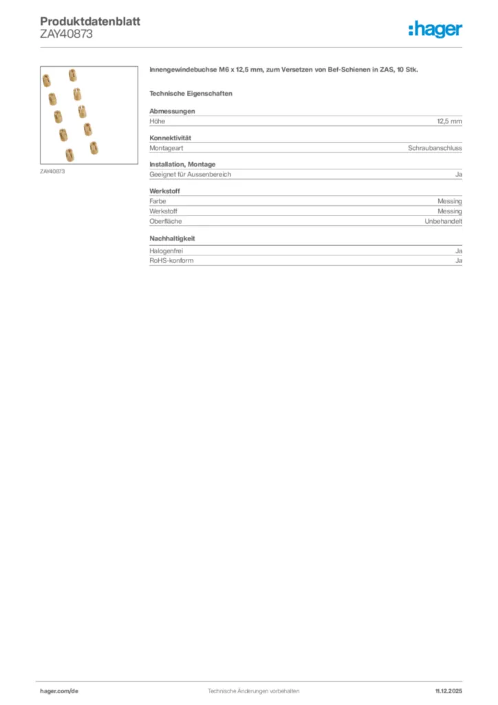 Bild Hager Produktdatenblatt ZAY40873 | Hager Deutschland