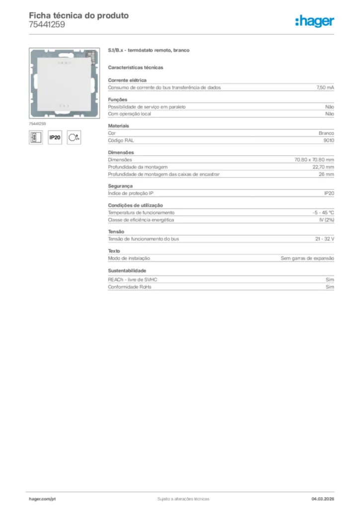Imagem Hager Ficha técnica do produto 75441259 | Hager Portugal