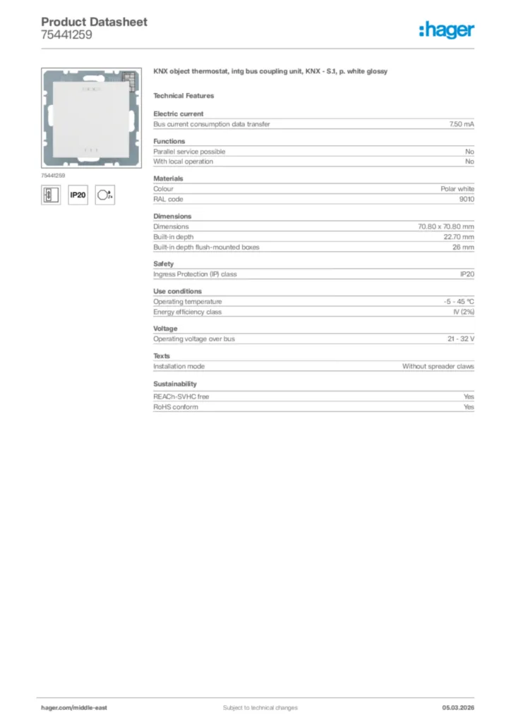 Image Hager Product data sheet 75441259  | Hager