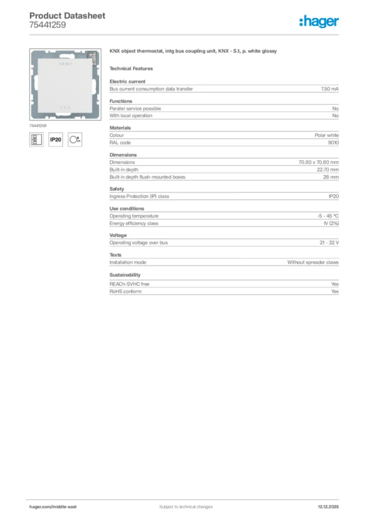 Image Hager Product data sheet 75441259  | Hager