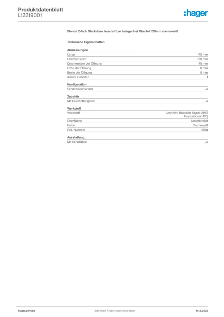Bild Hager Produktdatenblatt L12219001 | Hager Deutschland