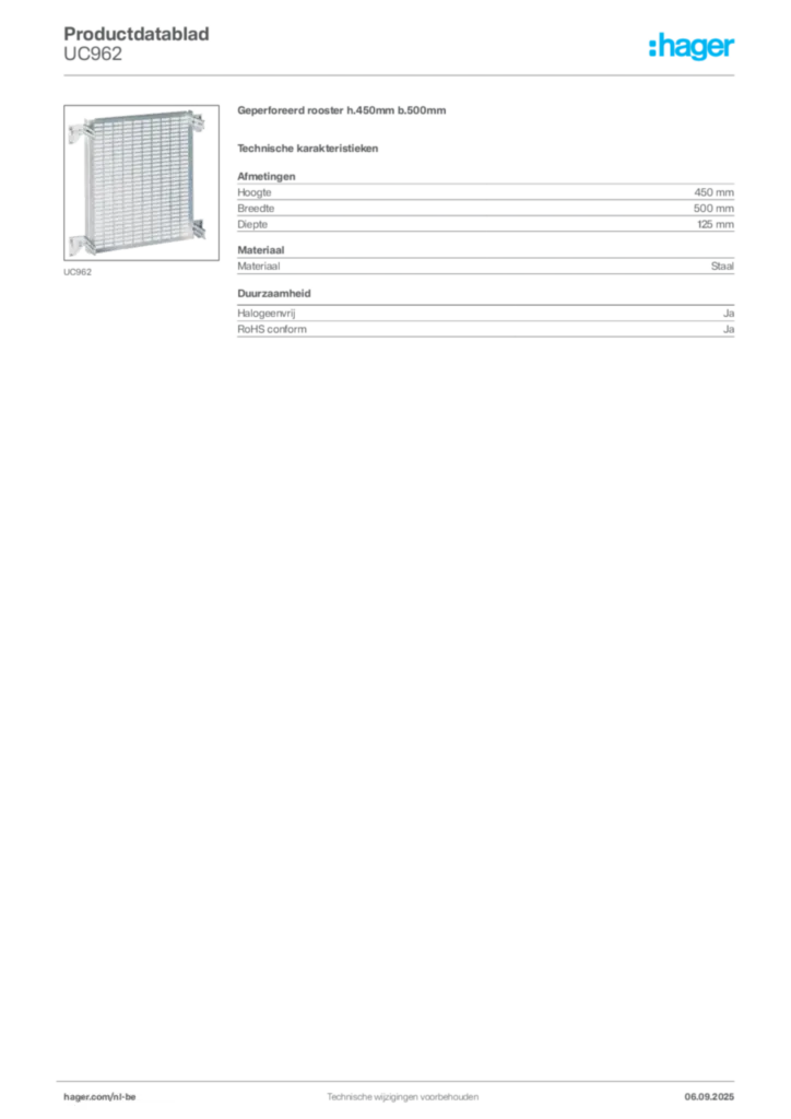 Afbeelding Hager Productdatablad UC962 | Hager Belgium