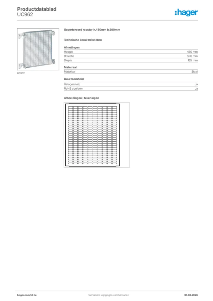 Afbeelding Hager Productdatablad UC962 | Hager Belgium