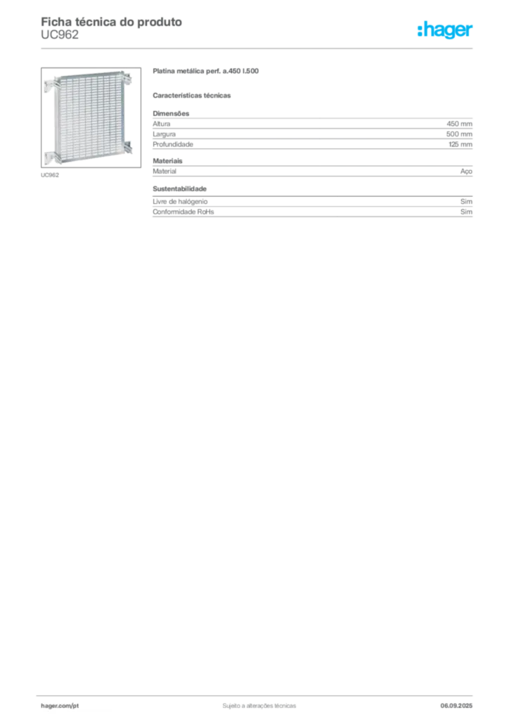 Imagem Hager Ficha técnica do produto UC962 | Hager Portugal