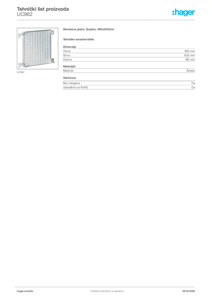 Slika Hager Product data sheet UC962  | Hager