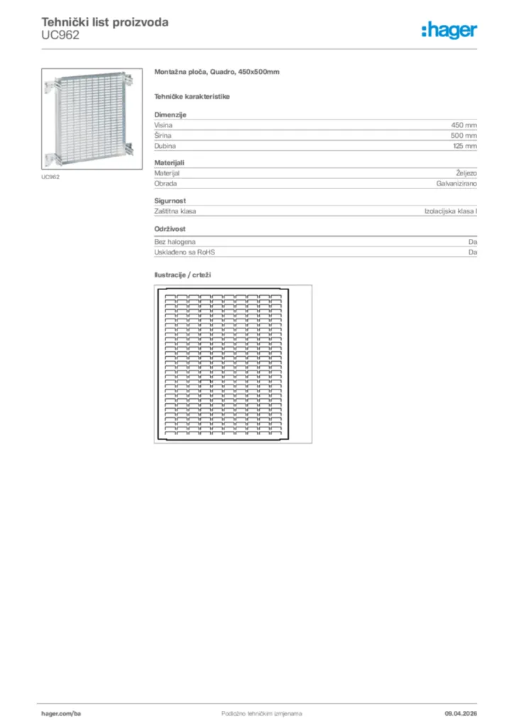 Slika Hager Tehnički list proizvoda UC962  | Hager