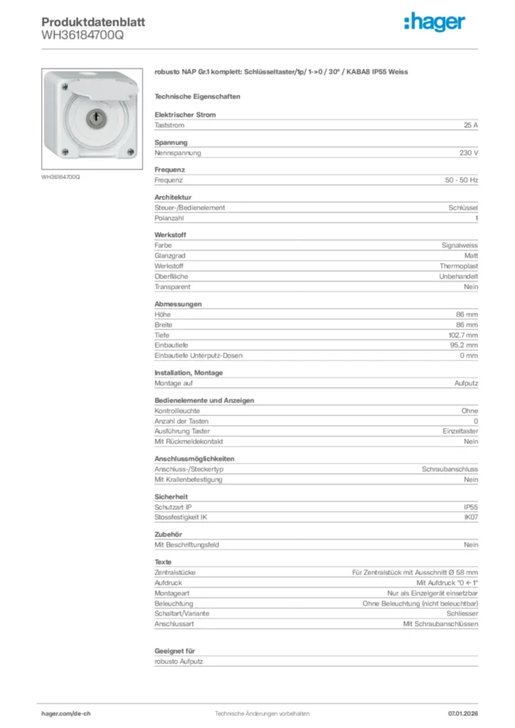 Bild Hager Produktdatenblatt WH36184700Q | Hager Schweiz