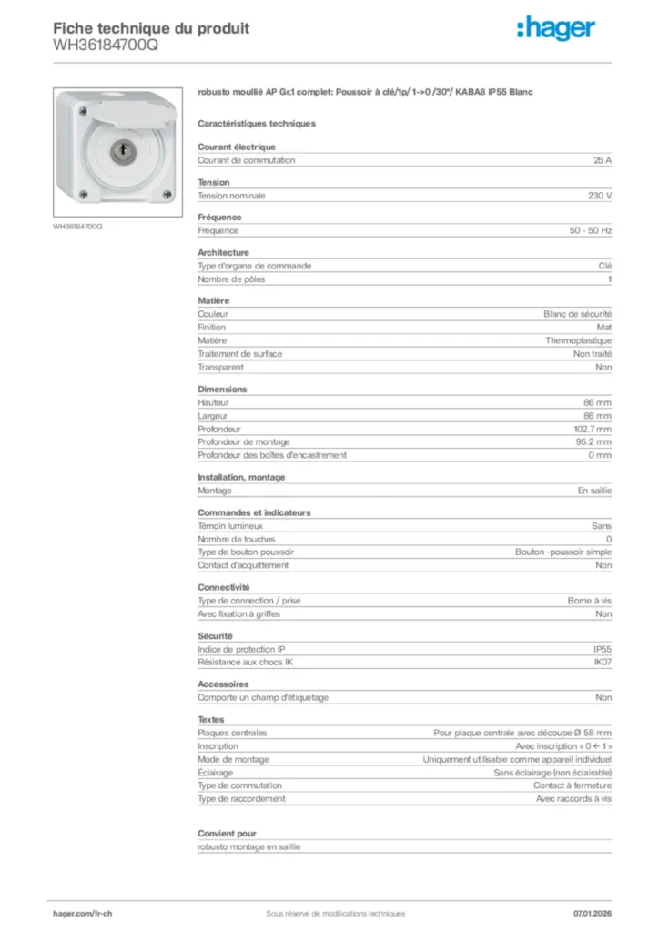 Image Hager Fiche technique du produit WH36184700Q | Hager Suisse
