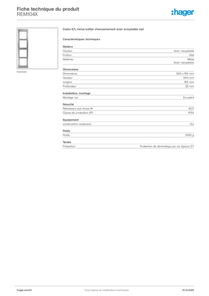 Image Hager Fiche technique du produit REM104X | Hager France