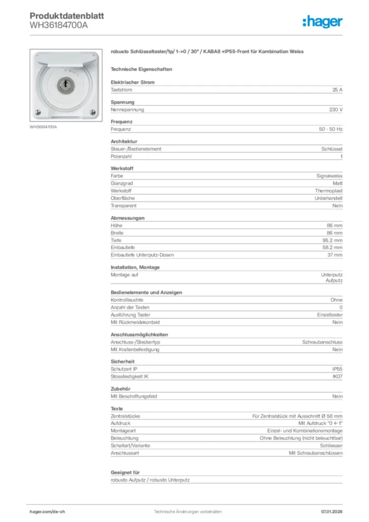 Bild Hager Produktdatenblatt WH36184700A | Hager Schweiz