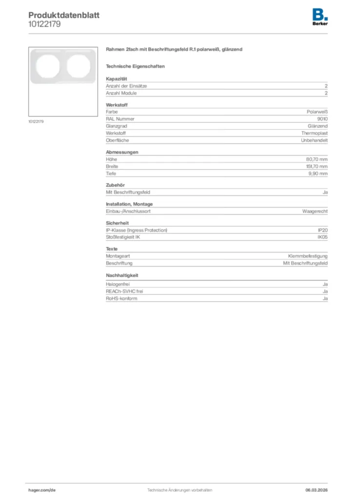 Bild Berker Produktdatenblatt 10122179 | Hager Deutschland