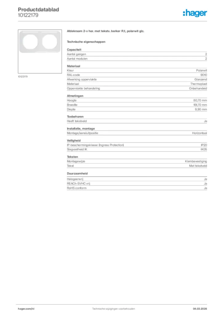 Afbeelding Hager Productdatablad 10122179 | Hager Nederland