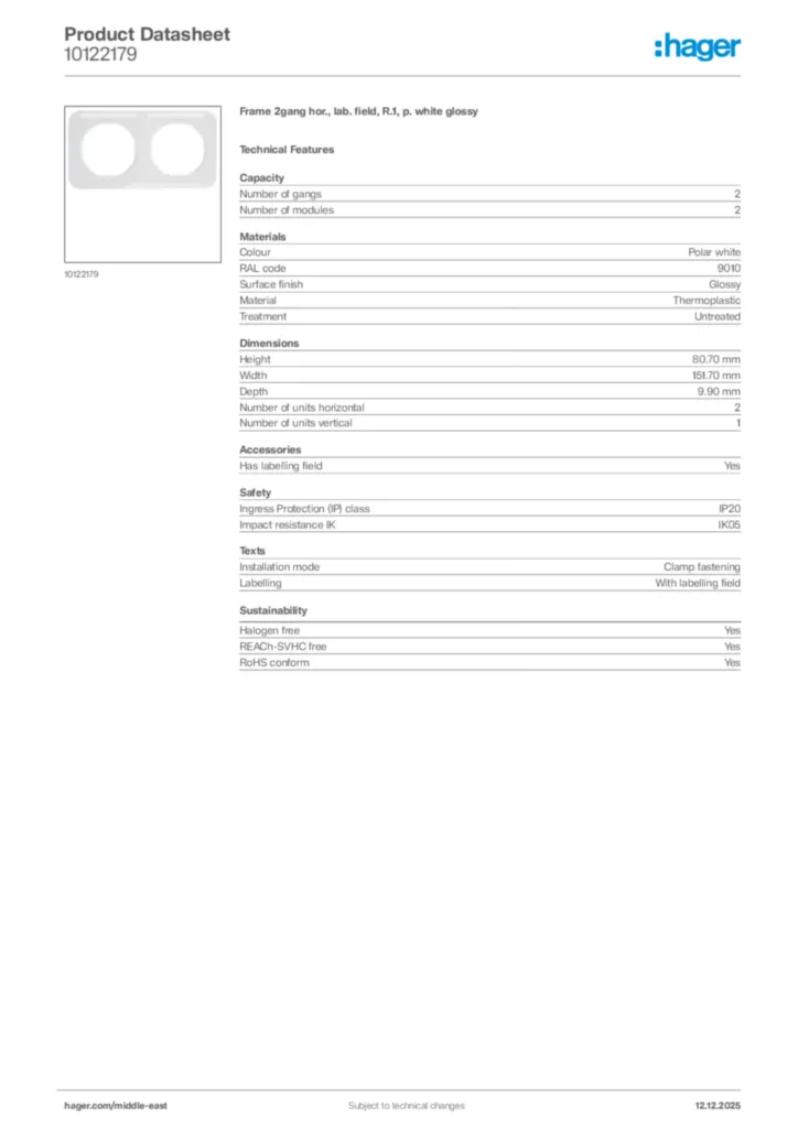 Image Hager Product data sheet 10122179  | Hager