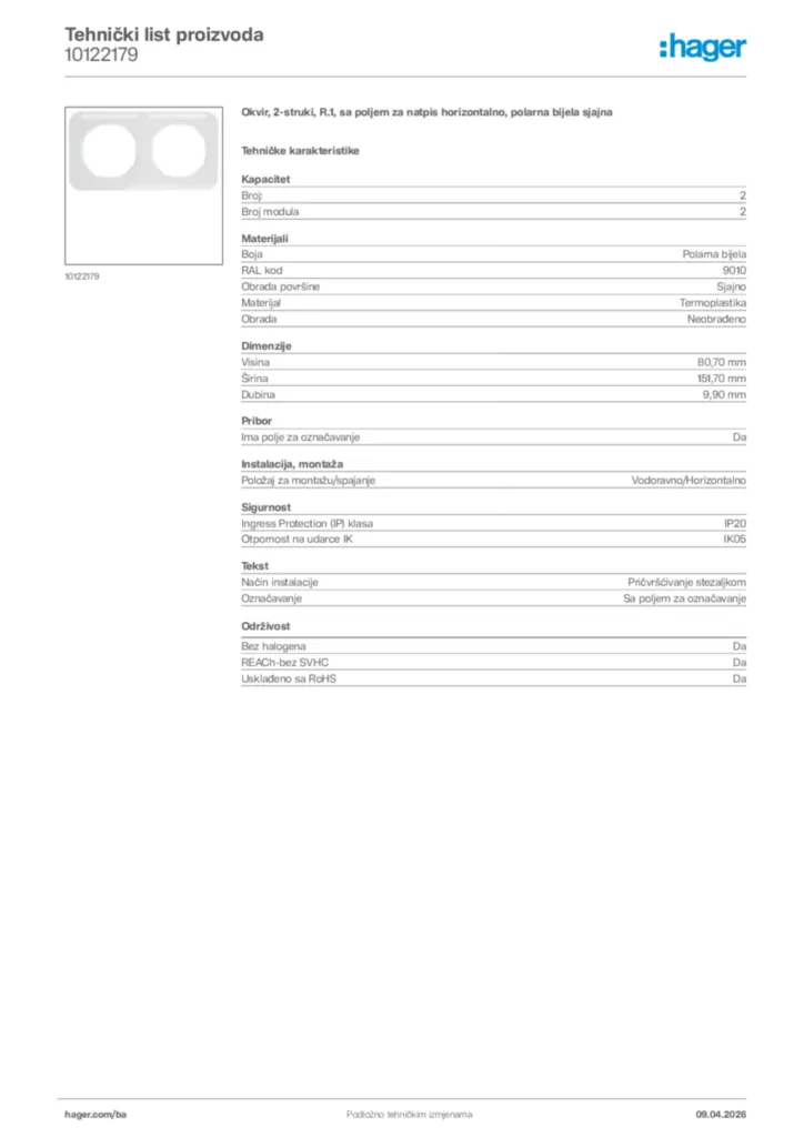 Slika Hager Tehnički list proizvoda 10122179  | Hager