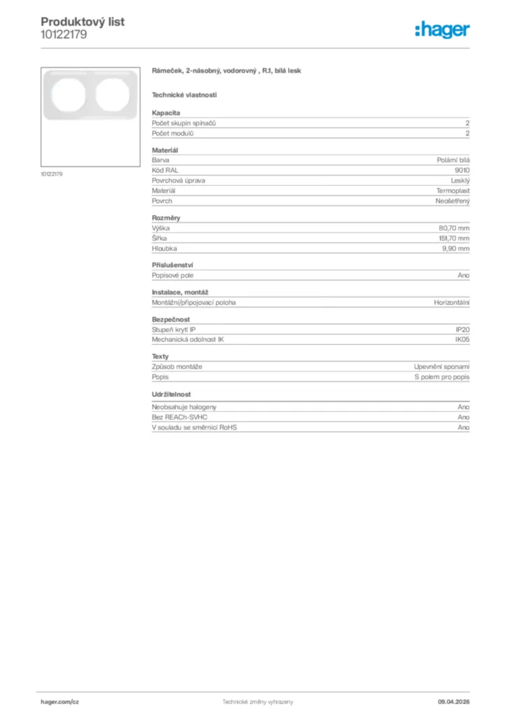 Obrázek Hager Product data sheet 10122179 | Hager