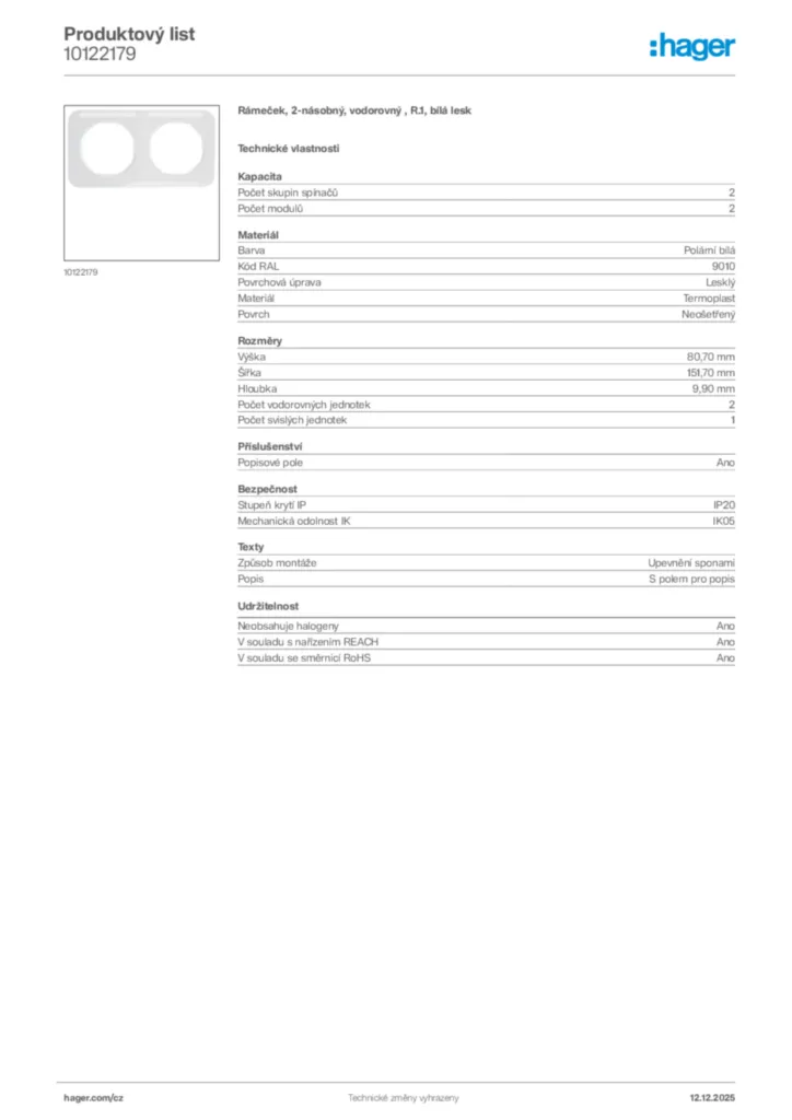 Obrázek Hager Produktový list 10122179 | Hager