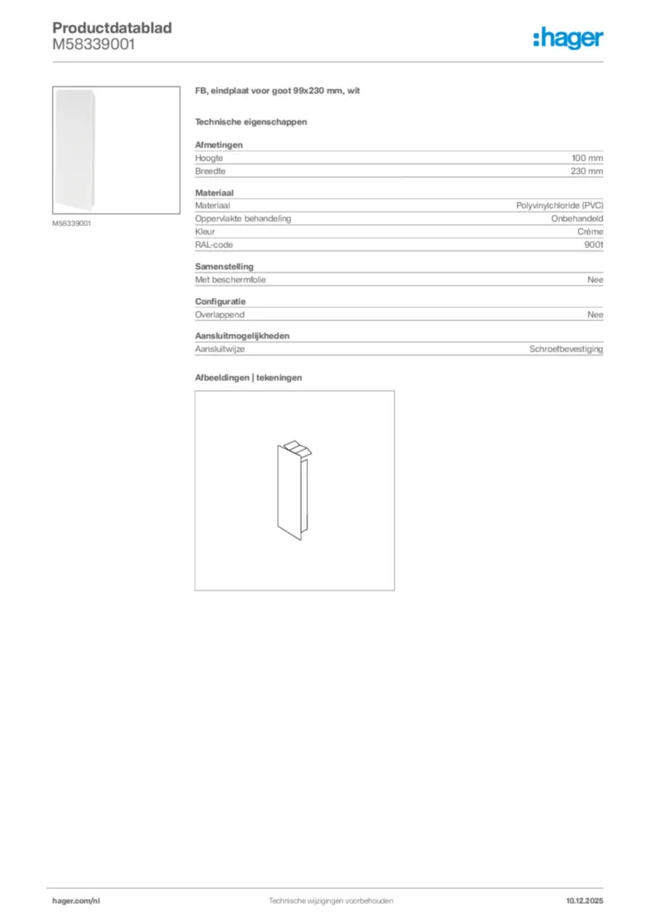 Afbeelding Hager Productdatablad M58339001 | Hager Nederland