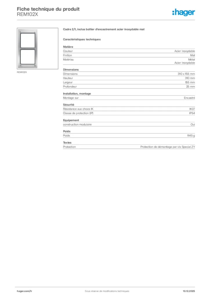 Image Hager Fiche technique du produit REM102X | Hager France