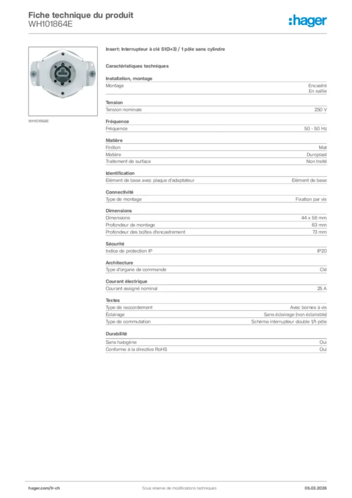 Image Hager Fiche technique du produit WH101864E | Hager Suisse