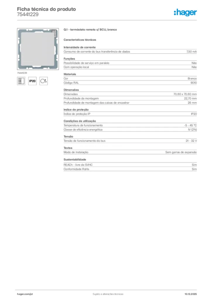Imagem Hager Ficha técnica do produto 75441229 | Hager Portugal