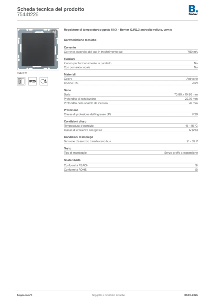 Immagine Berker Scheda tecnica del prodotto 75441226 | Hager Italia