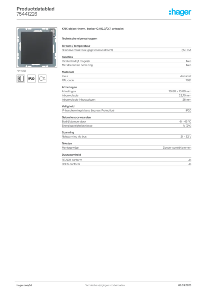Afbeelding Hager Productdatablad 75441226 | Hager Nederland