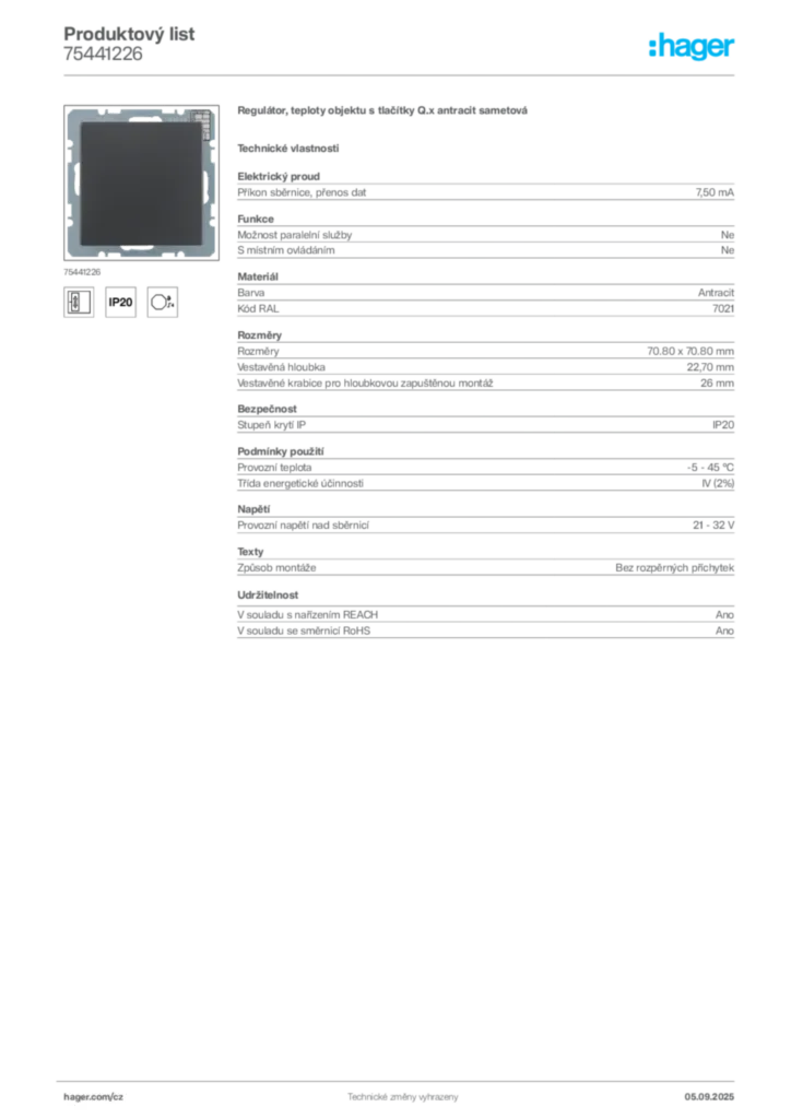 Obrázek Hager Produktový list 75441226 | Hager
