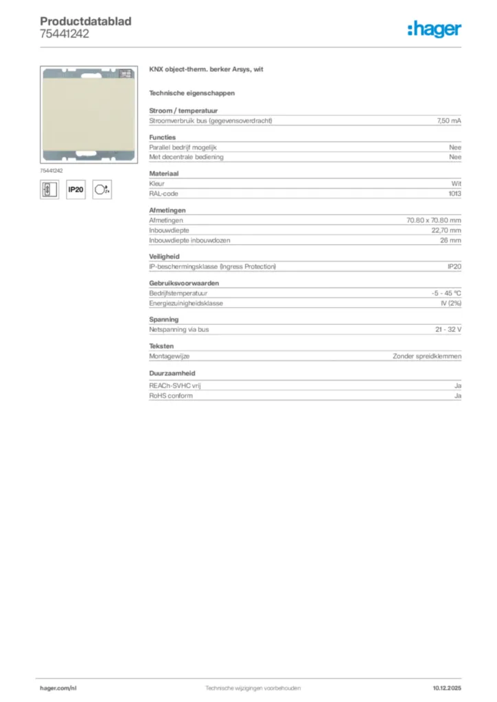 Afbeelding Hager Productdatablad 75441242 | Hager Nederland