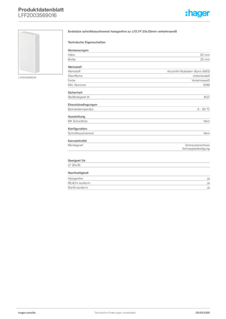 Bild Hager Produktdatenblatt LFF2003569016 | Hager Deutschland