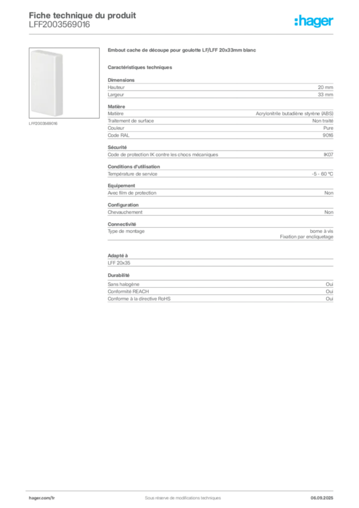 Image Hager Fiche technique du produit LFF2003569016 | Hager France