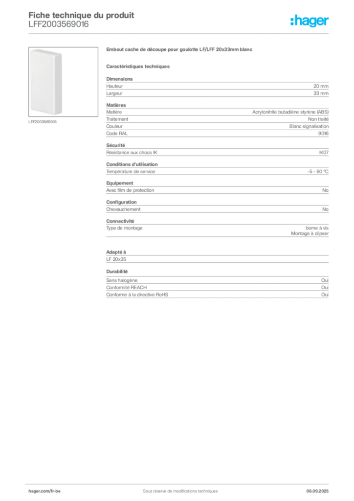 Image Hager Fiche technique du produit LFF2003569016 | Hager Belgique