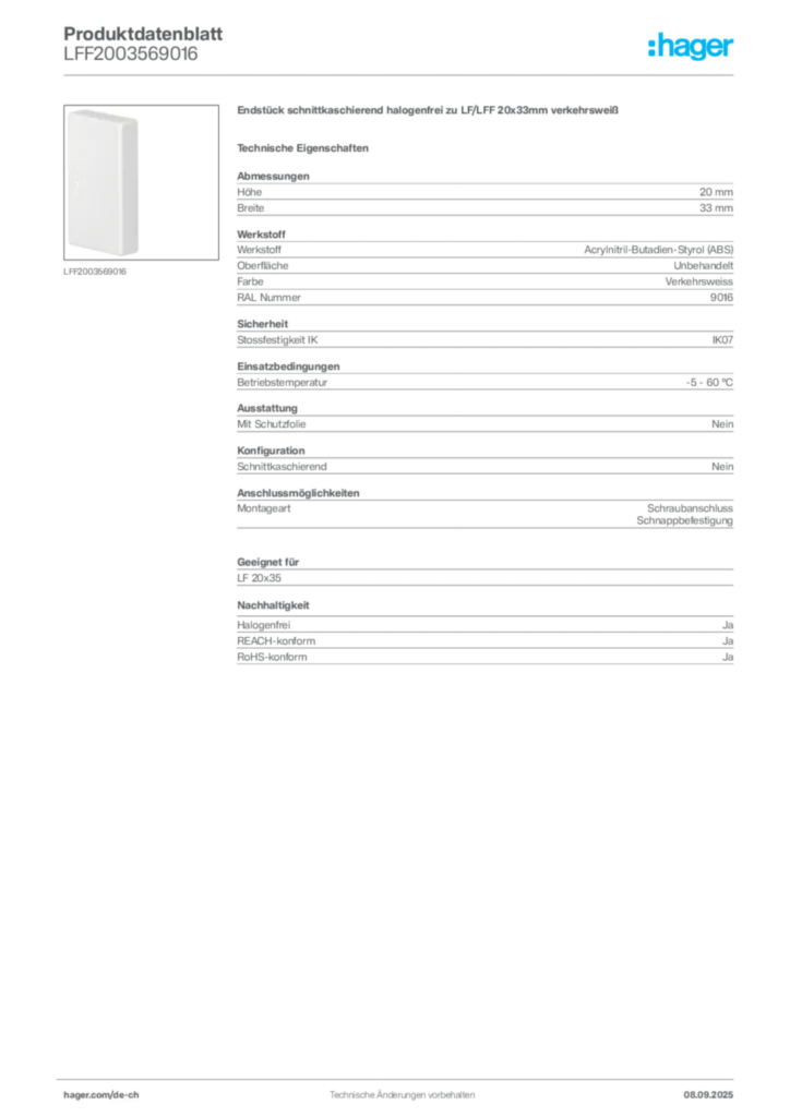 Bild Hager Produktdatenblatt LFF2003569016 | Hager Schweiz