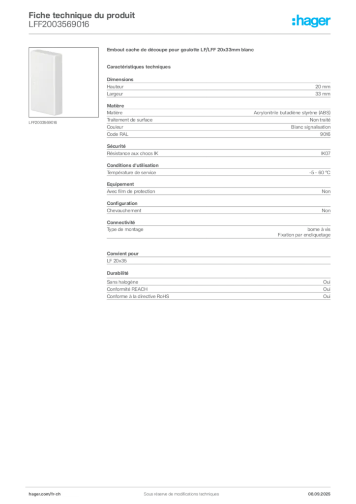 Image Hager Fiche technique du produit LFF2003569016 | Hager Suisse