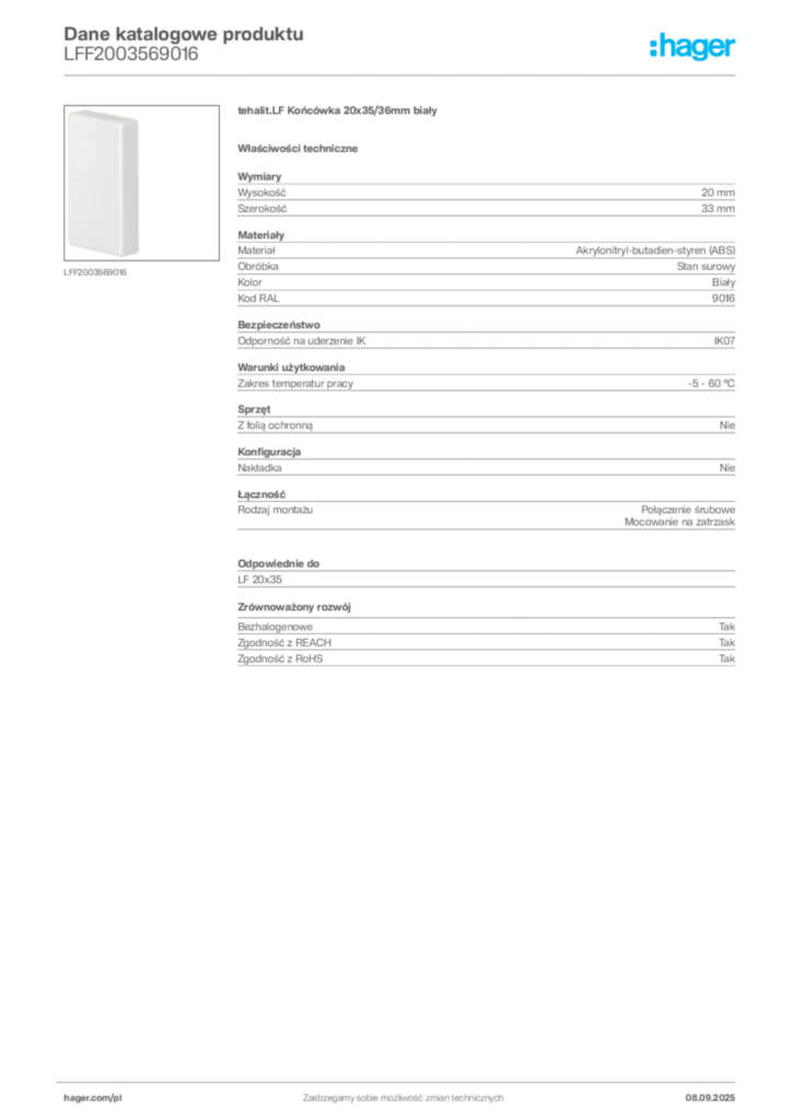 Zdjęcie Hager Dane katalogowe produktu LFF2003569016 | Hager Polska