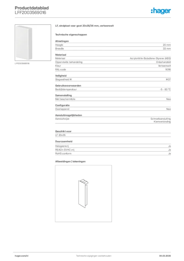 Afbeelding Hager Productdatablad LFF2003569016 | Hager Nederland