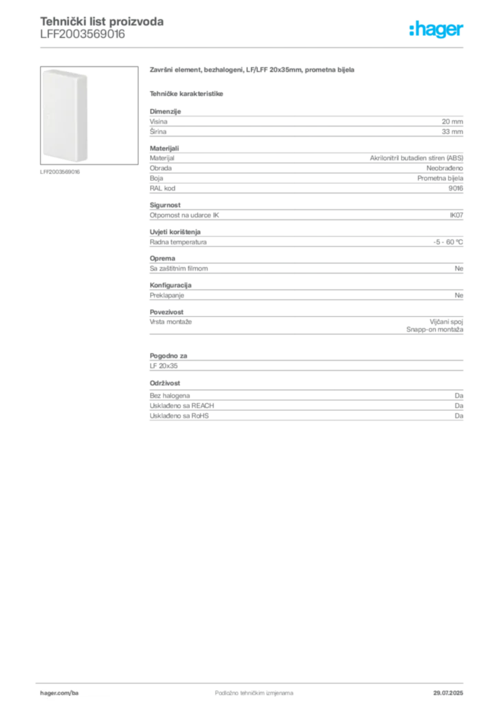 Slika Hager Product data sheet LFF2003569016  | Hager