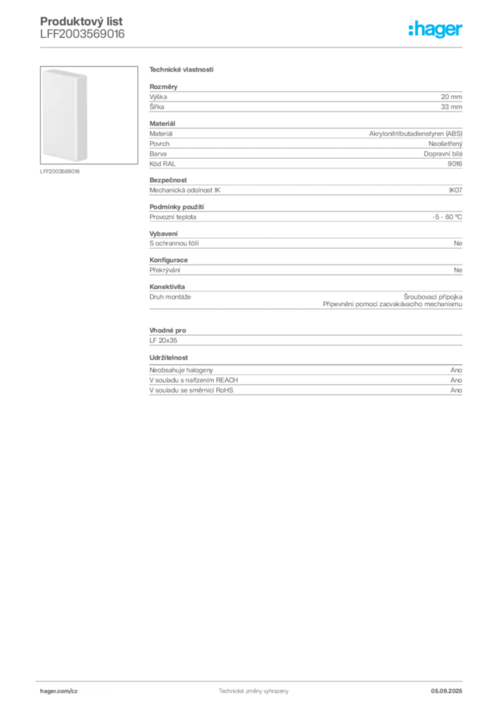 Obrázek Hager Produktový list LFF2003569016 | Hager