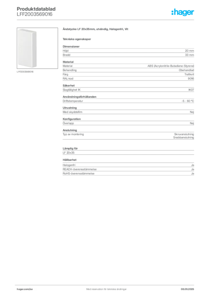 Bild Hager Produktdatablad LFF2003569016 | Hager Sverige