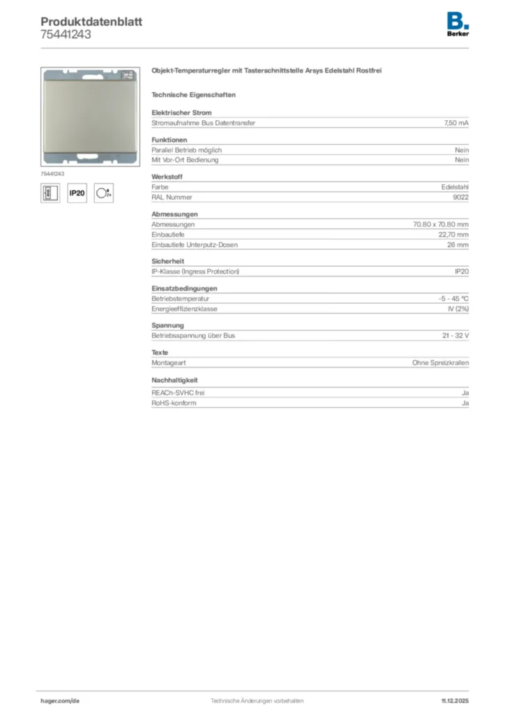 Bild Berker Produktdatenblatt 75441243 | Hager Deutschland