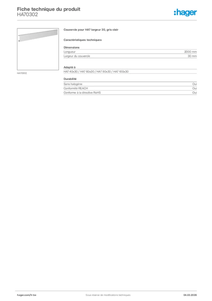 Image Hager Fiche technique du produit HA70302 | Hager Belgique