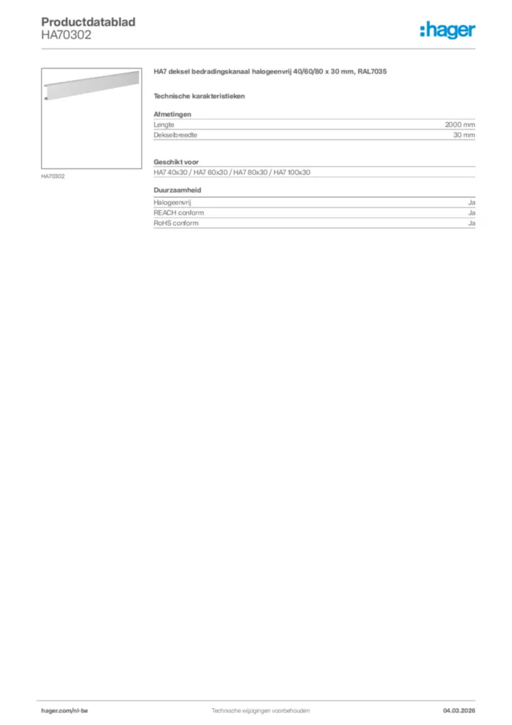 Afbeelding Hager Productdatablad HA70302 | Hager Belgium