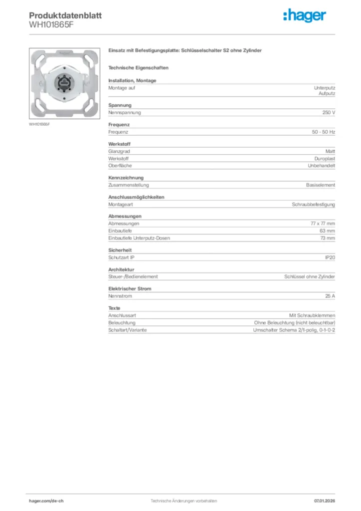 Bild Hager Produktdatenblatt WH101865F | Hager Schweiz
