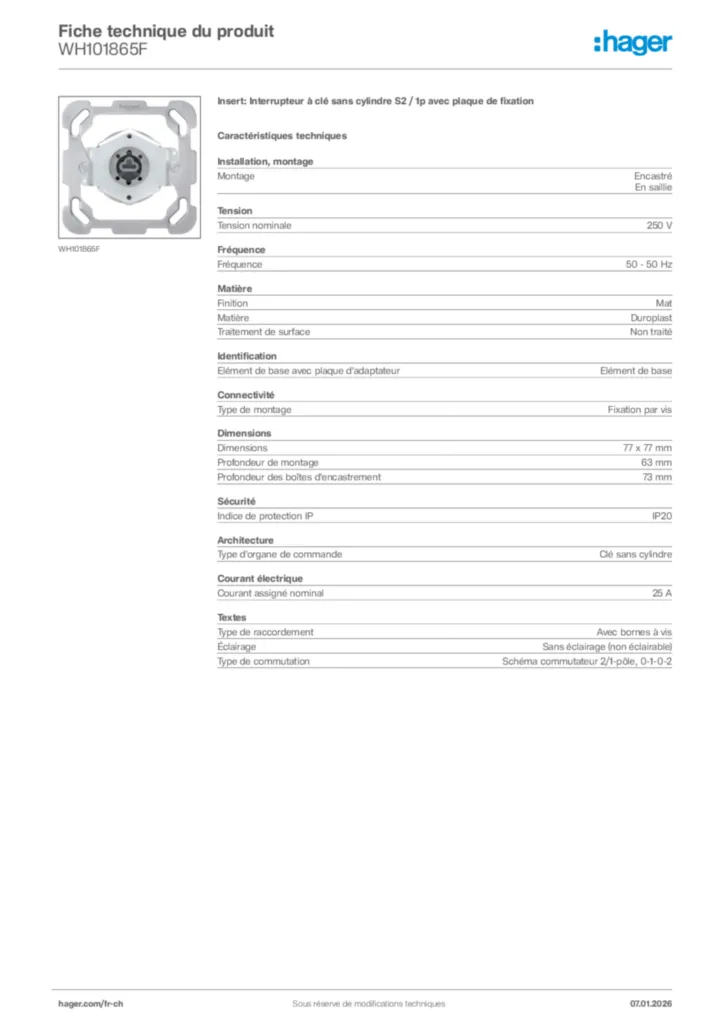 Image Hager Fiche technique du produit WH101865F | Hager Suisse