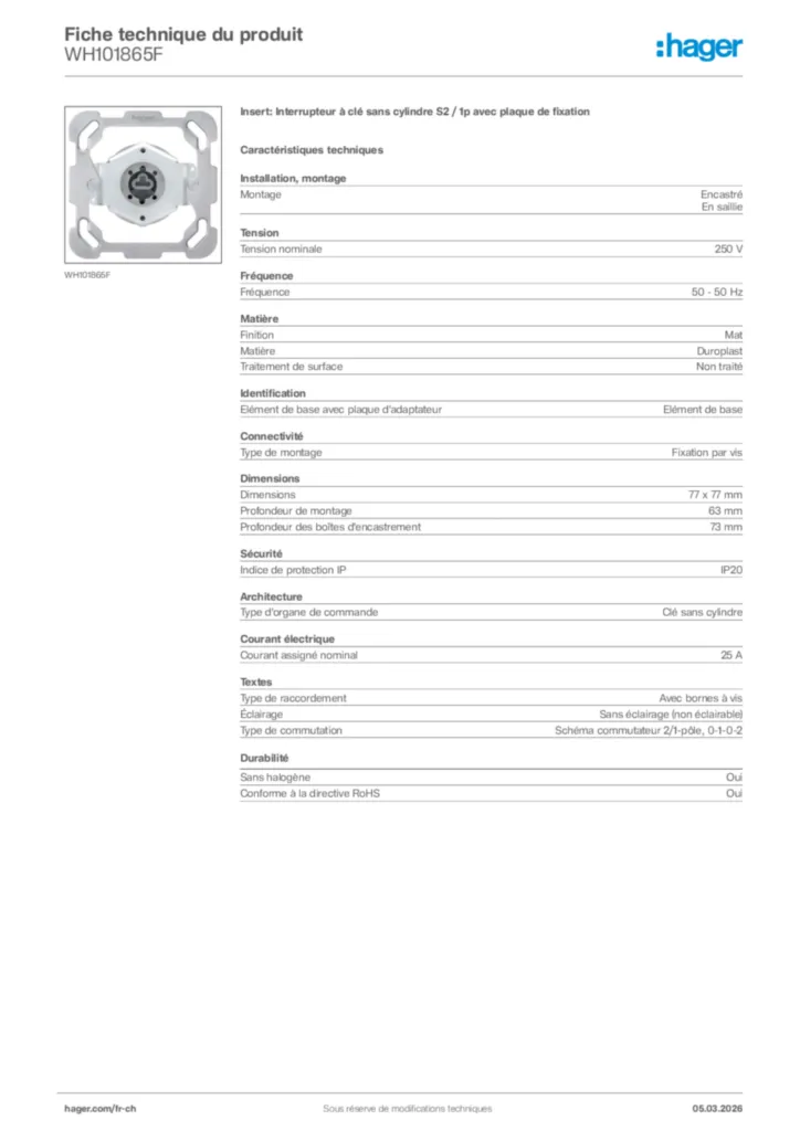 Image Hager Fiche technique du produit WH101865F | Hager Suisse