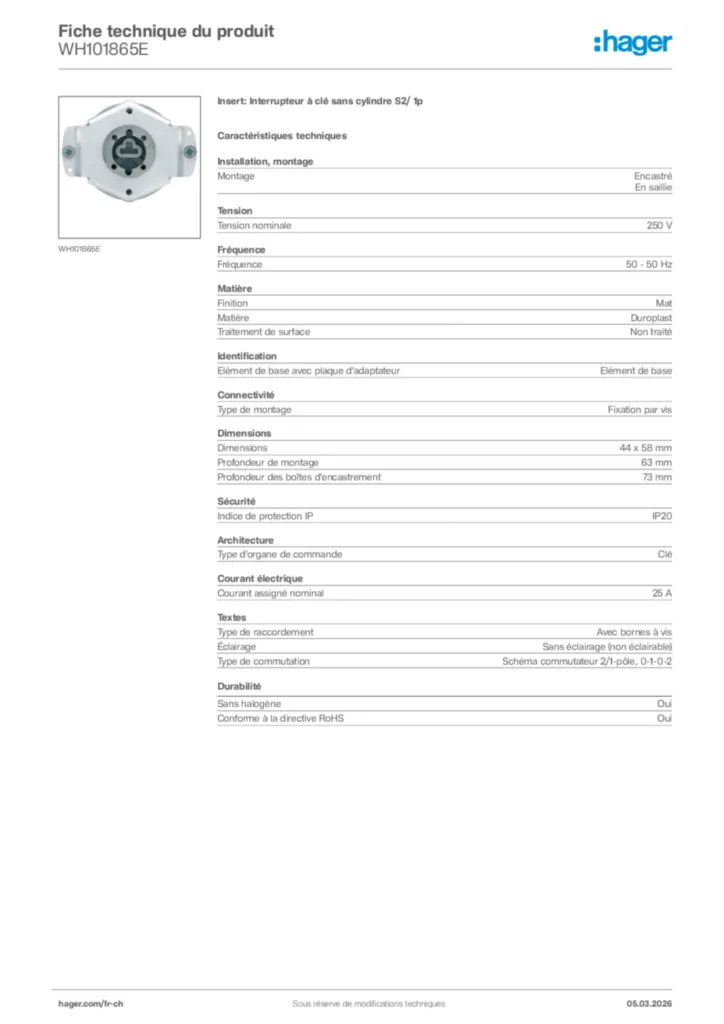 Image Hager Fiche technique du produit WH101865E | Hager Suisse