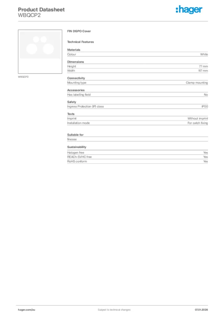 Image Hager Product data sheet WBQCP2  | Hager Australia