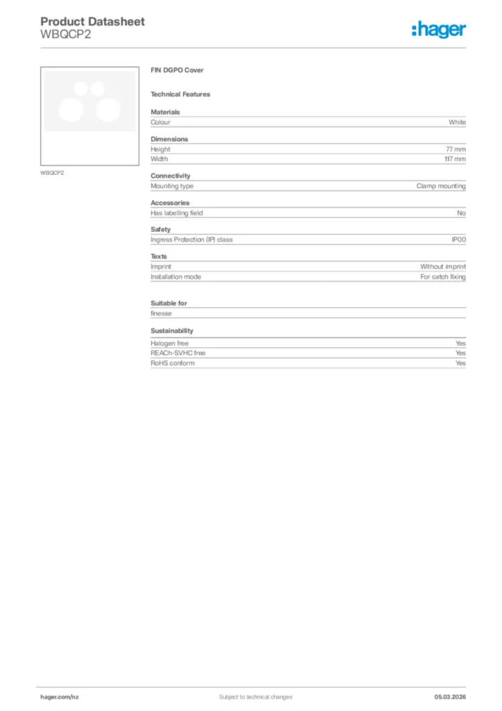 Image Hager Product data sheet WBQCP2  | Hager New Zealand