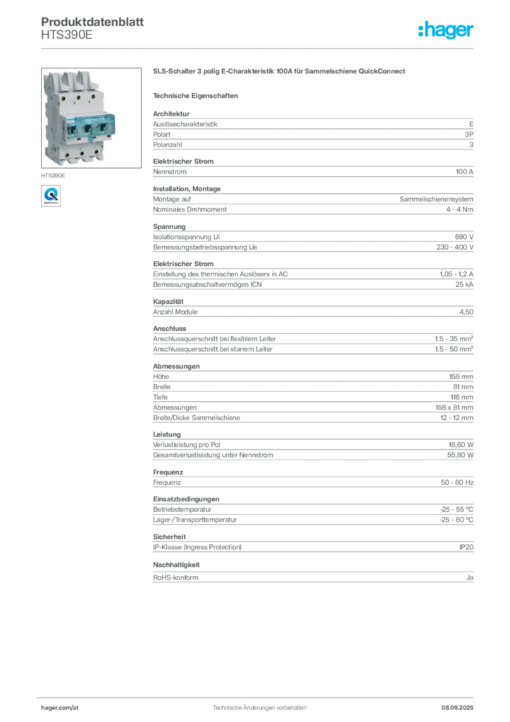 Bild Hager Produktdatenblatt HTS390E | Hager Deutschland