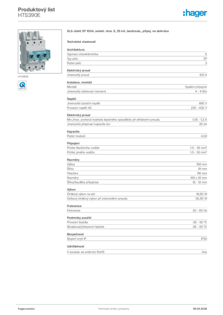 Obrázek Hager Product data sheet HTS390E | Hager